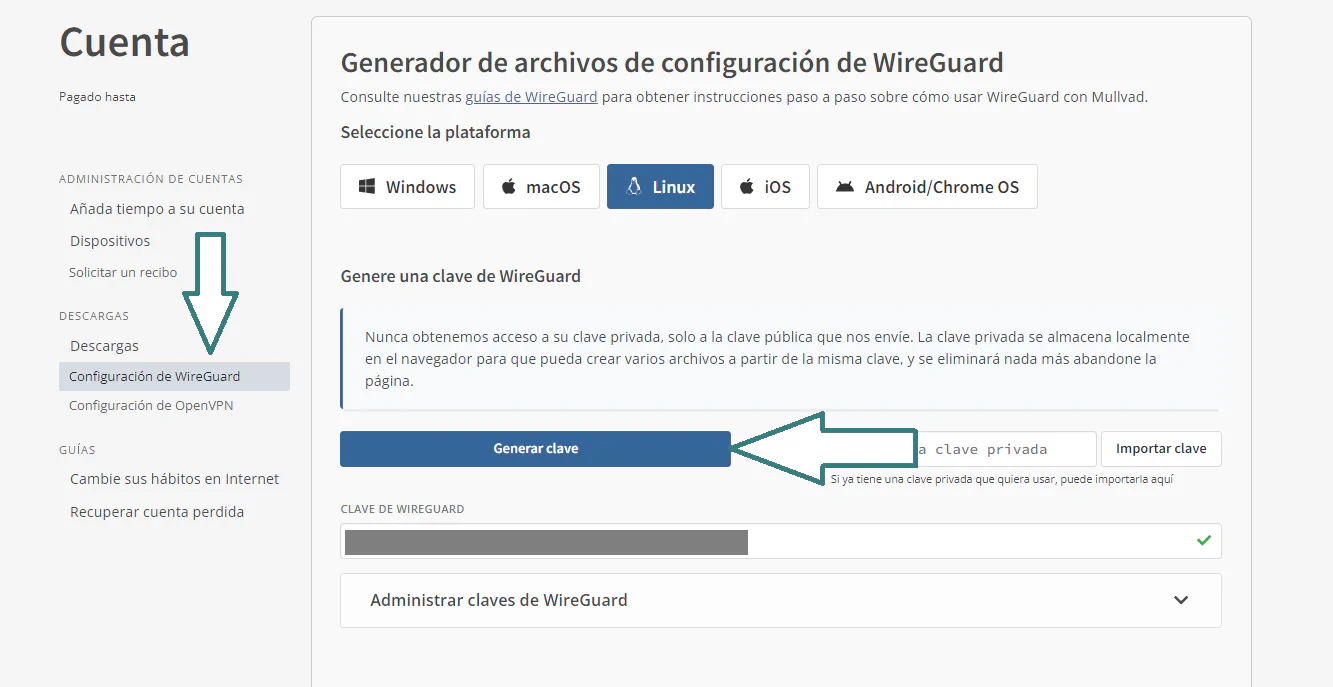 3º Configuración del tunel VPN (Mullvad)